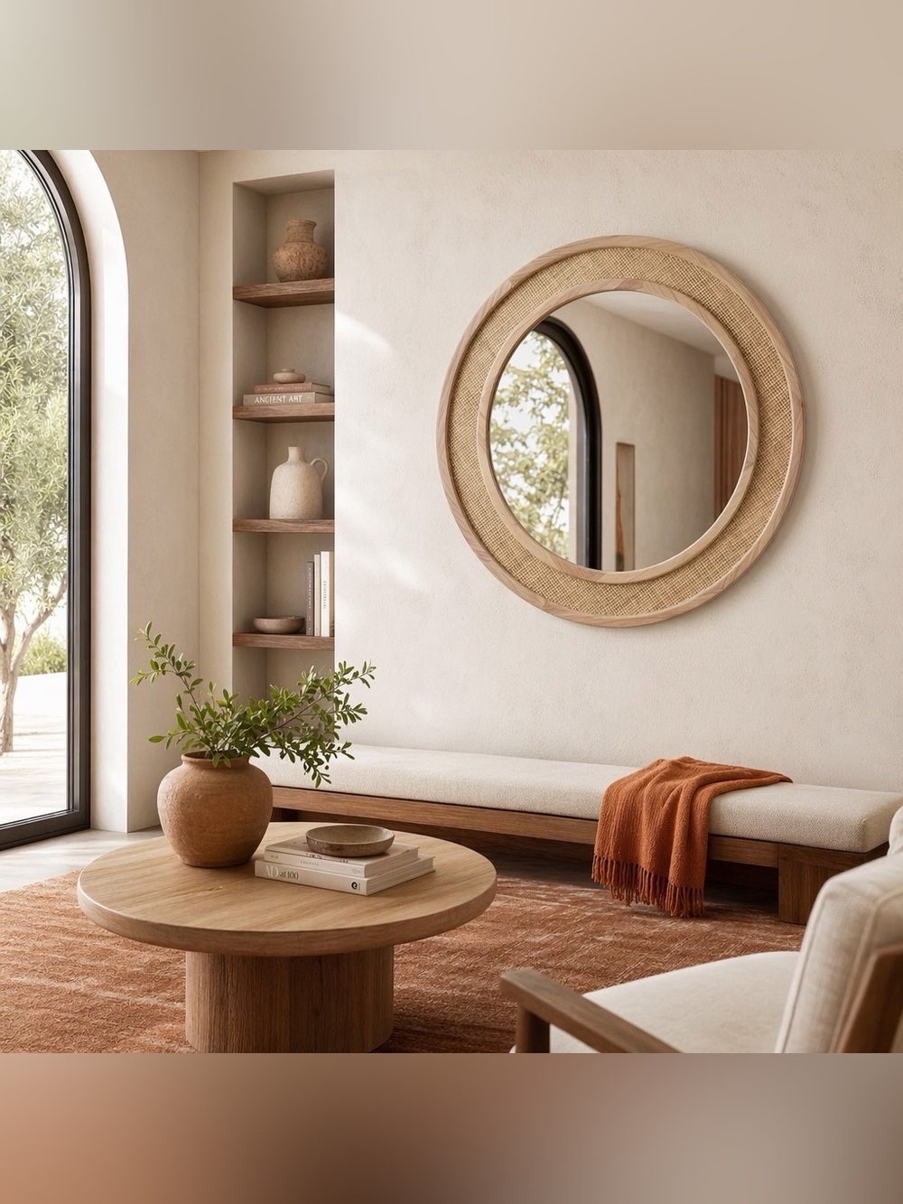 NEW West Elm Large Round Mirror Wicker Rattan Boho Wall Hanging Decor - 24” Diam - Picture 2 of 14
